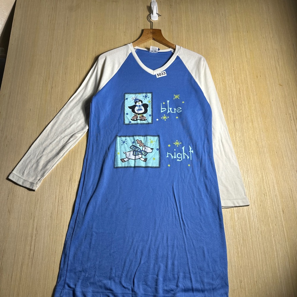 Vintage Blue Night Nightgown Womens Small Blue 90s Penguin Reindeer Sleepwear - Picture 4 of 15